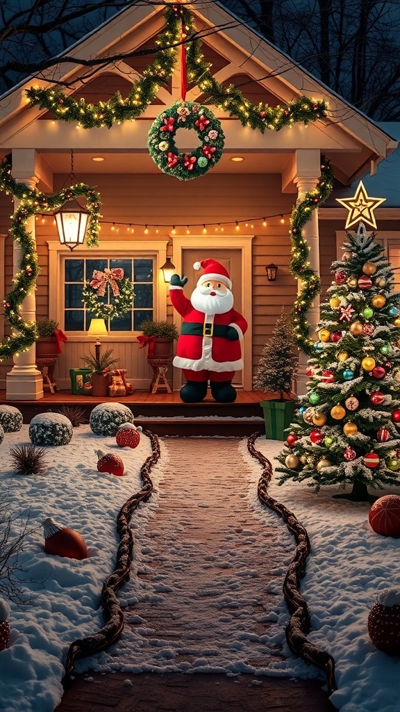 Outdoor Christmas decor with lights, wreath, and ornaments in a snowy yard.